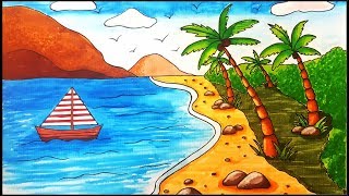 How to Draw A Beach Scenery for Beginners | Step By Step