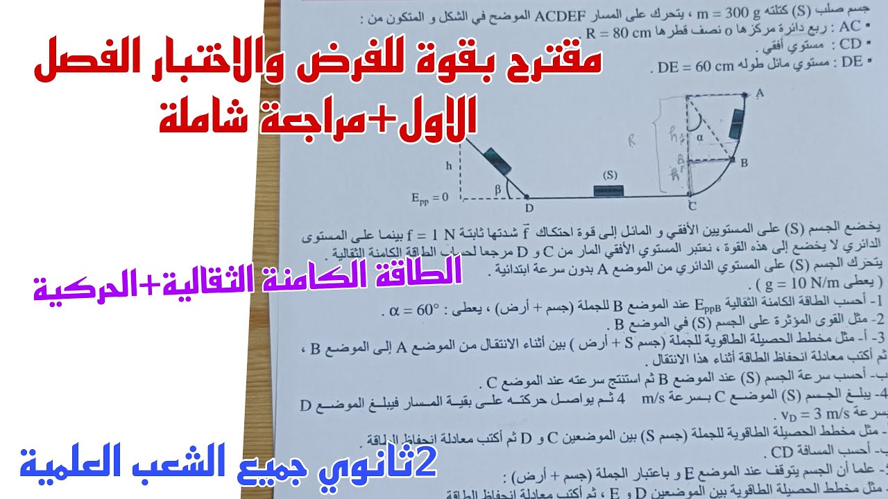 مقترح للفرض والاختبار الفصل الاول+مراجعة شاملة حول الطاقة الكامنة الثقالية والحركية 2ثانوي