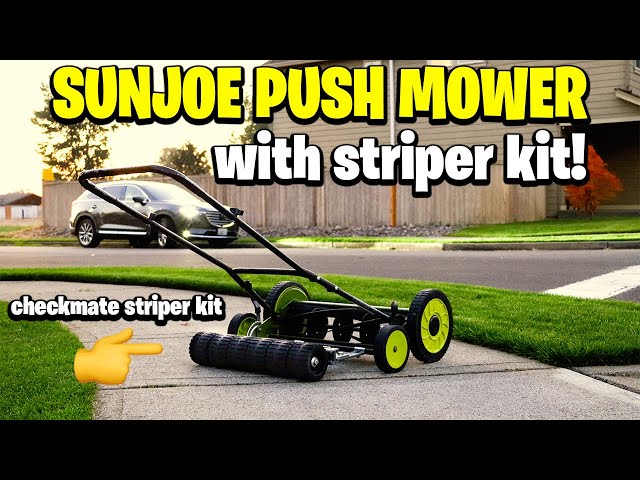 20” Sunjoe Push REEL mower with checkmate striper kit 😂 Gave him a 2nd  chance did he redeem himself? 