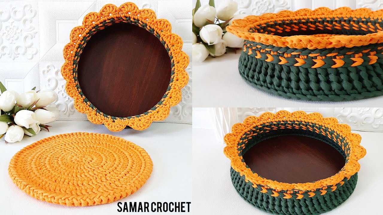 كروشيه_سلةبخيط الكليم للتنظيم اوقطعةديكور للتصوير_Making basket crochet_Decorative piece by t-shirt
