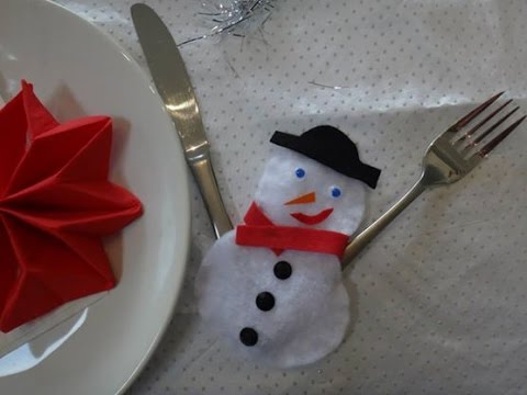 noël - déco de table : porte couvert bonhomme de neige 