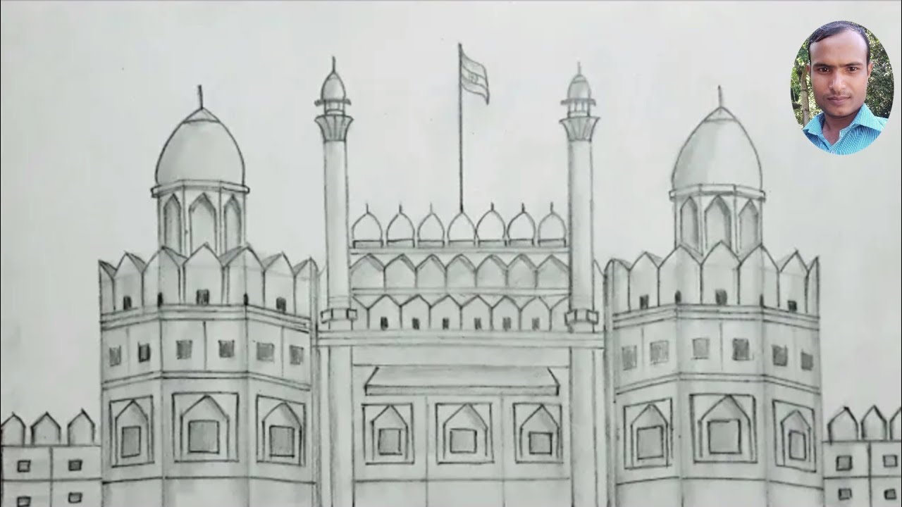 lal qila pencil drawing from front side red fort drawing | red fort drawing  | lal kila drawing - YouTube