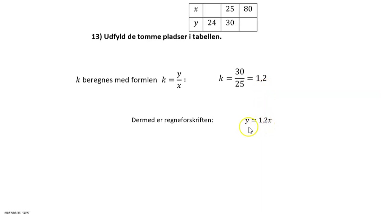 proportionalitet typeopgave, "Udfyld de tomme pladser i modellen" YouTube