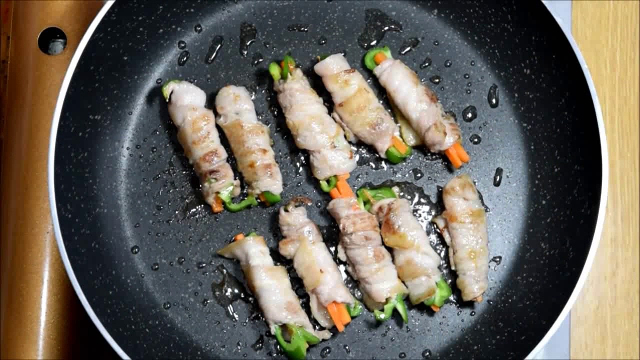 16 肉巻き野菜中国語 豬肉蔬菜卷造法 - YouTube