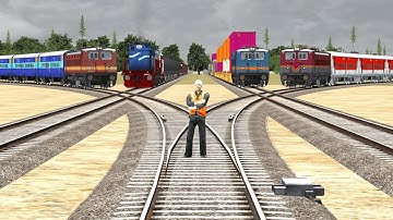 4 TRAINS RUNNING AT BUMPY BRANCHED RAILWAY TRACKS ON DIAMOND CROSSING | Train Simulator Crossing