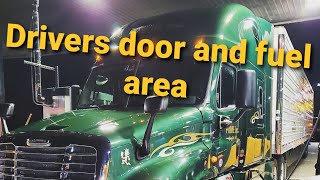 Prime Inc. Pretrip Inspection Freightliner Cascadia Drivers door and fuel area