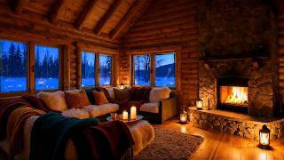Cozy Winter Cabin Fireplace Ambience - Warm Lights, Soft Blankets and Peaceful Snow Outside