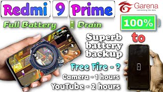 Redmi 9 prime Full  Battery drain test, Free fire play, yt play, Amazing battery backup