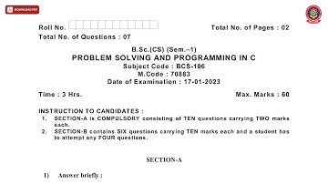 BSC 1ST SEM CS PROBLEM SOLVING AND PROGRAMMING IN C JAN 2023 | PTU