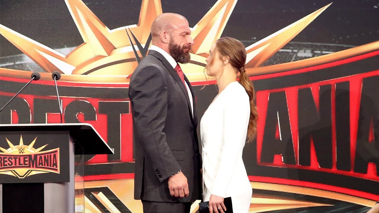 Ronda Rousey &amp; Triple H share an intense moment during WrestleMania 35 press conference