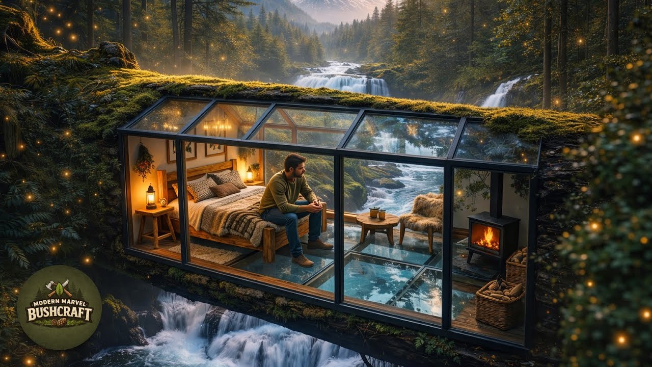 Building A Secret Room Inside A Tree Trunk Over A Waterfall (ASMR) | Modern Marvel Bushcraft