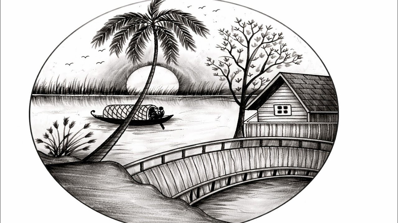 Peaceful Village River Drawing