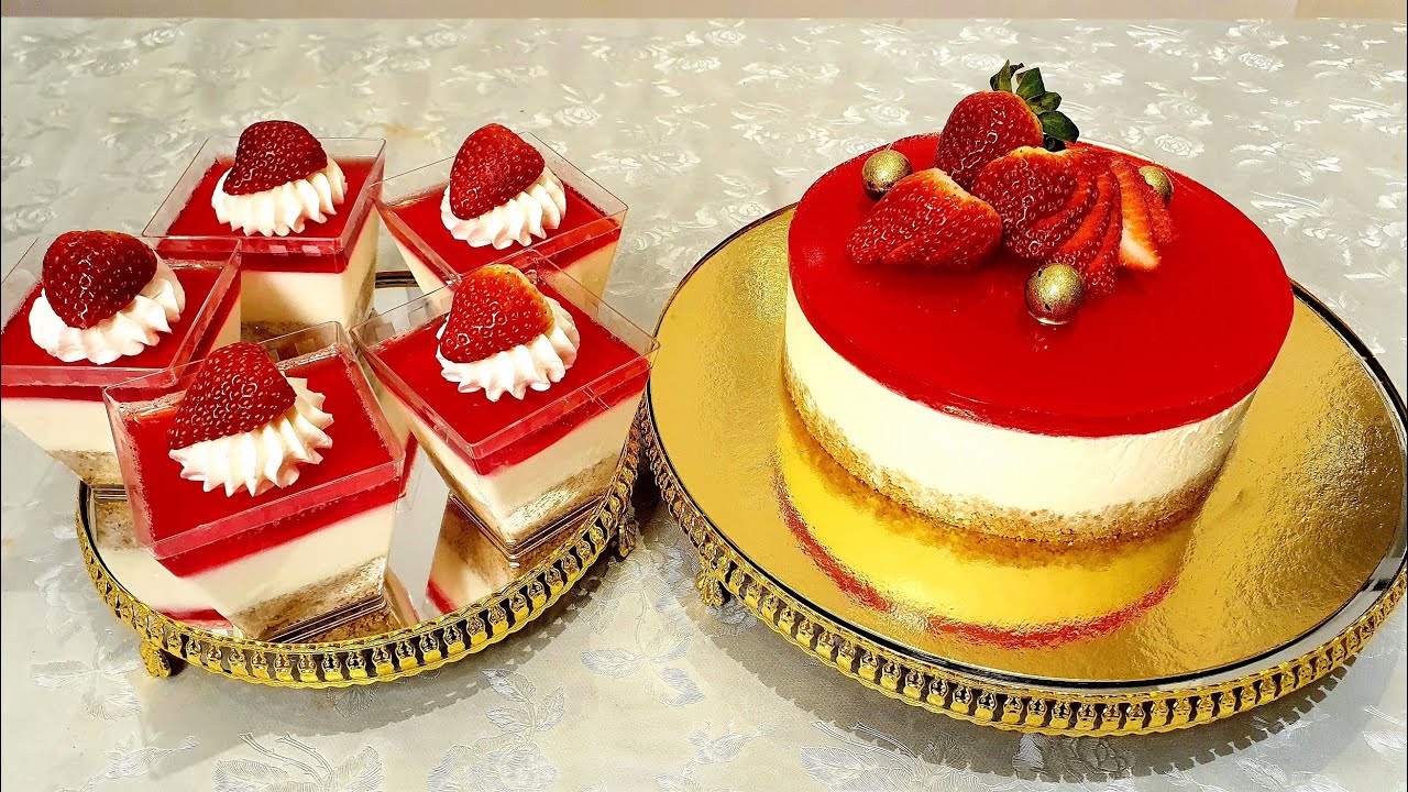 تشيز كيك بطبقة جلي الفراولة ، بالقالب وبالكاسات- Cheese Cake