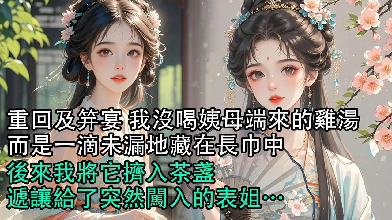 【一口氣看完】重回及笄宴，我沒再喝下姨母端來的雞湯，而是一滴未漏地藏在長巾中。後來我將它擠入茶盞，讓給了突然闖入的表姐#古言 #有聲小說 #情感故事