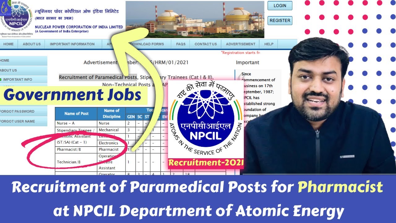Recruitment of Paramedical Posts for Pharmacist at NPCIL, under Department of Atomic Energy
