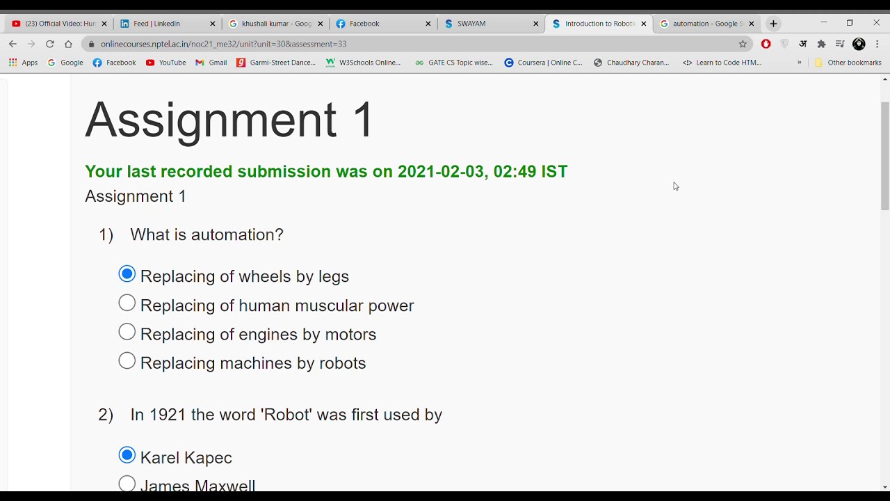 introduction to robotics nptel assignment answers