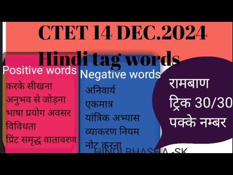 CTET 2024पास करने के लिए महत्वपूर्ण tags words/CTET Hindi tag words ...