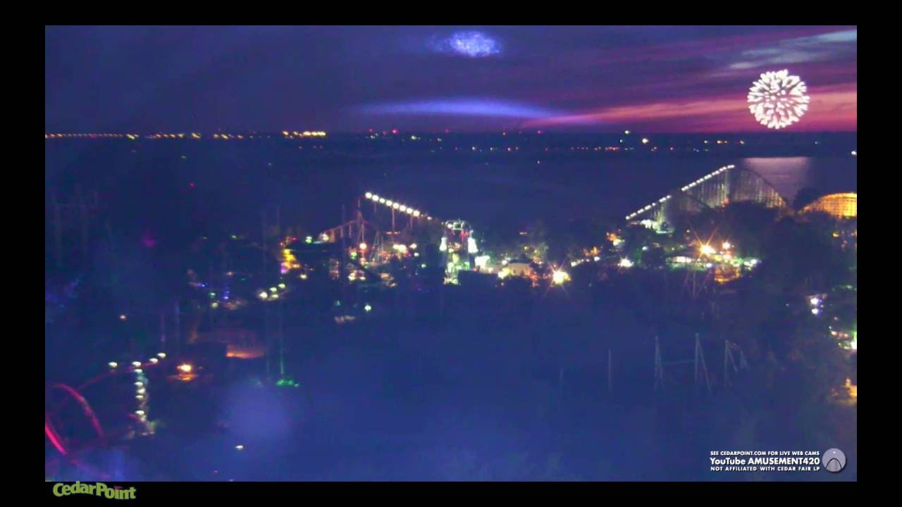 FIREWORKS ON SANDUSKY BAY DUSK & NIGHT SKY from Cedar Point  Cam HD
