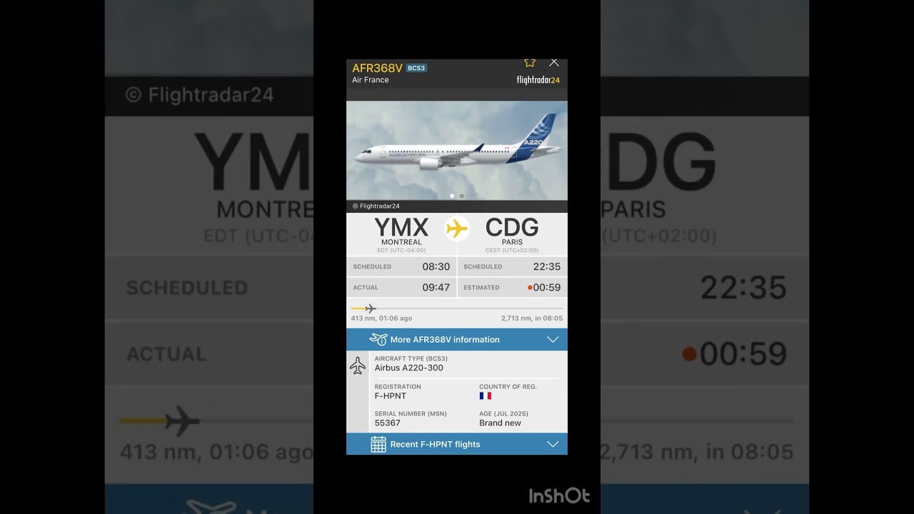 Air France 🇫🇷 YMX 🇨🇦to CDG 🇫🇷 AFR368V  Airbus A220-300 age July 2025 brand new