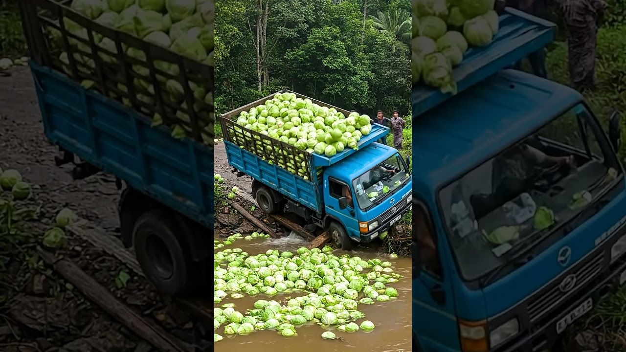 🚛🥬🌊 Overloaded Cabbage Truck Tips Over into River! 