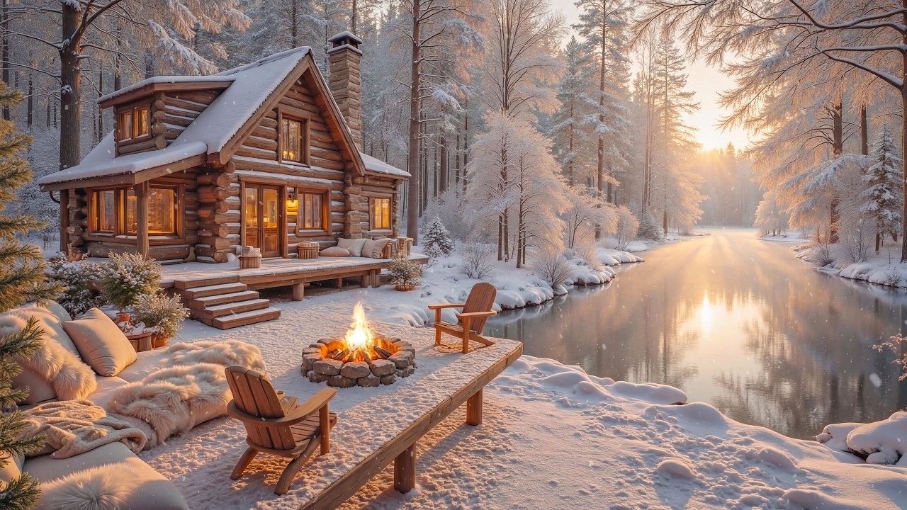 Уютный зимний домик на берегу реки, залитый снегом ❄️🔥 Спокойная фортепианная музыка и уютная атмос