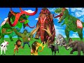 Giant mammoth, cow, and gorilla vs. zombie lion and dinosaur; an elephant rescues a calf.