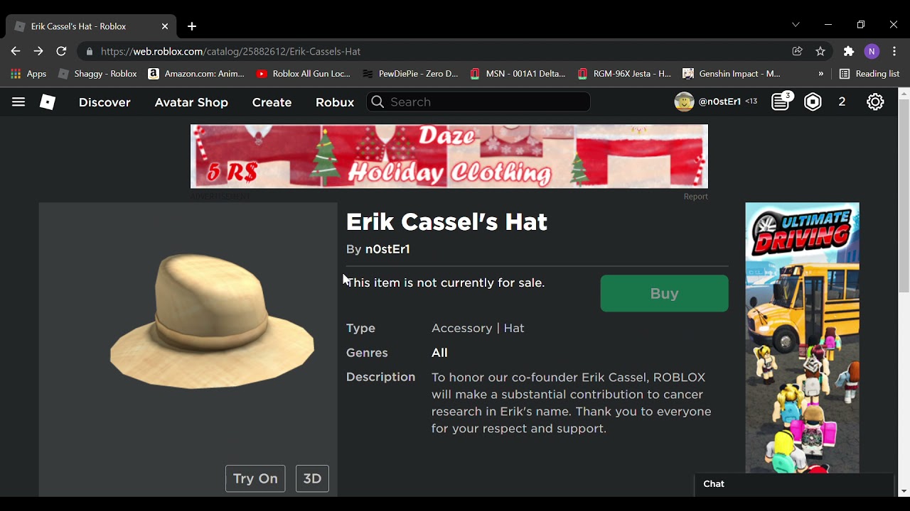 Erik Cassel's Hat's Code & Price - RblxTrade