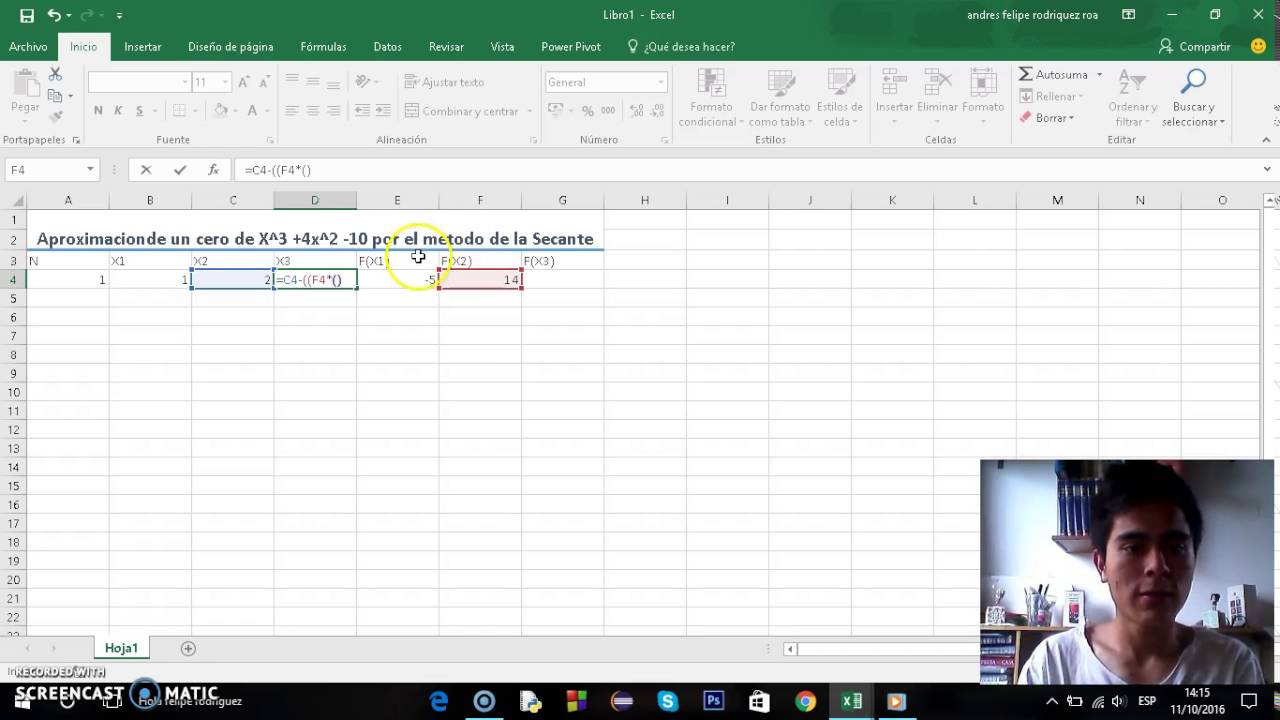 Aproximar un cero por el método de la secante en excel 2016 - YouTube