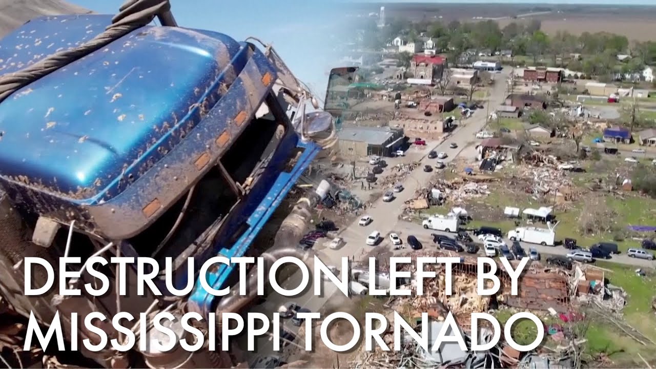 Drone captures trail of destruction left by Mississippi tornado - YouTube