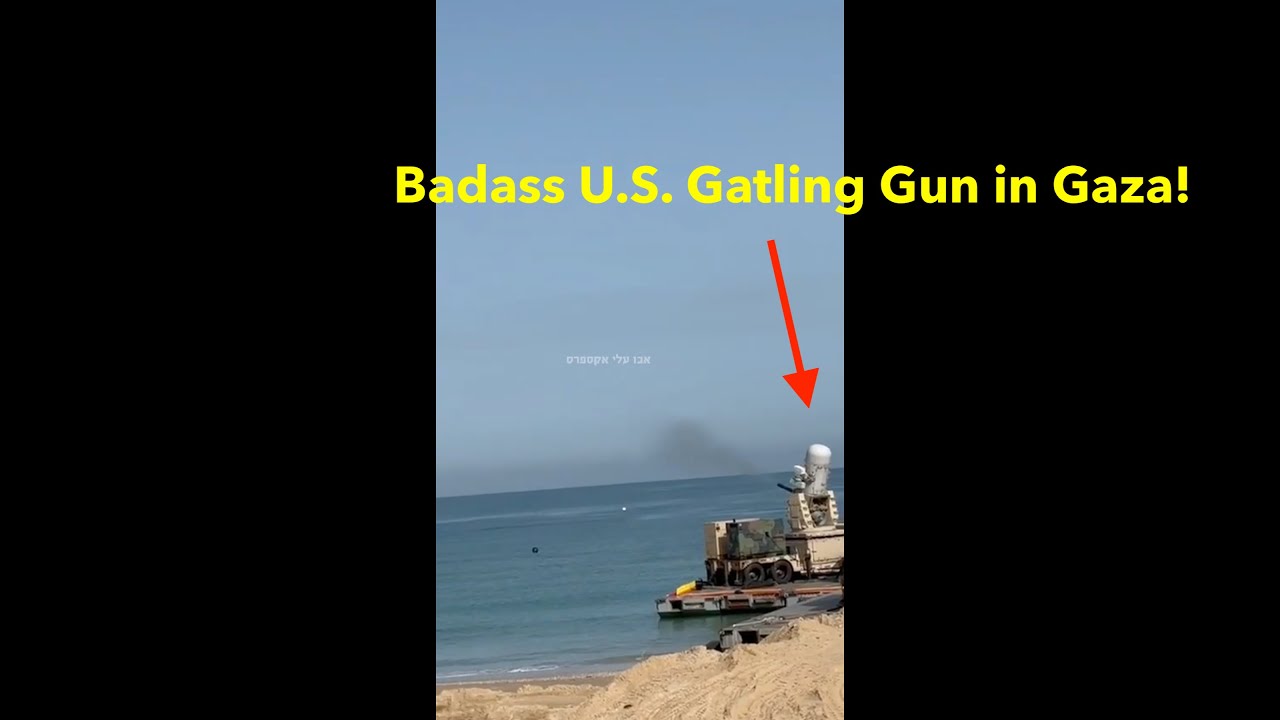 American C-RAM (“autonomous” Gatling Gun) Shooting a Drone in Gaza to Defend the US Pier