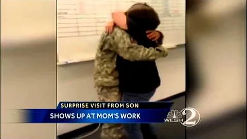Solider surprises mom at work