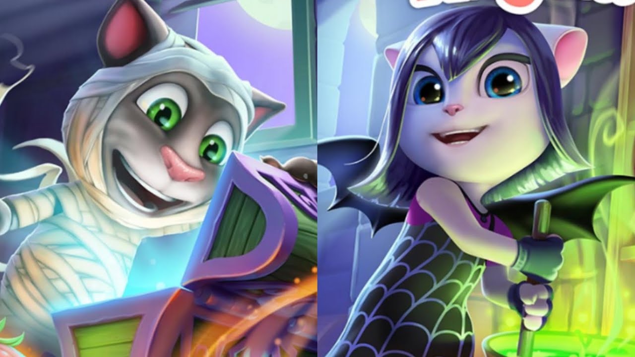 My Talking Tom Mummy Fur 🧟 and My Talking Angela Spooky Costume 🎃 Piano fall and Pillow fight