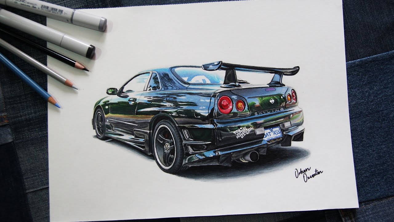 Nissan Gtr Skyline R34 Black Rear Realistic Car Drawing Youtube