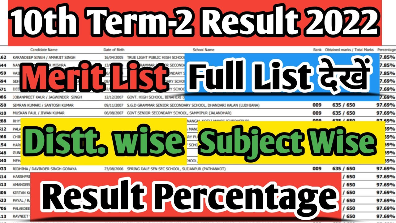 Pseb class 10 merit list 2022 || Pseb 10th Subject Wise Pass percentage || Pseb 10th merit list 2022