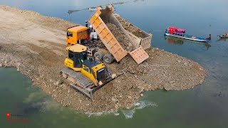 Ultimate skills driving new activities make foundation​ road on water by dozer drop rock in water