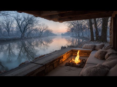 Peaceful Winter Lake Ambience With Warm Fireplace Gentle Snowfall For Relax Study And Rest