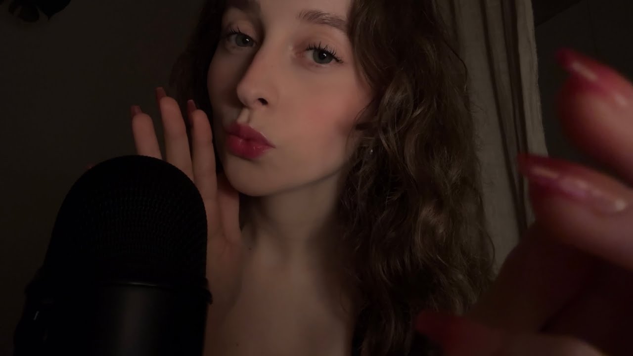 ASMR slow mouth sounds and kisses with finger flutters, nail taps and face touching
