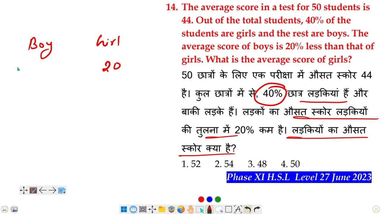 The average score in a test for 50 students is 44. Out of the total students 40% of the students are
