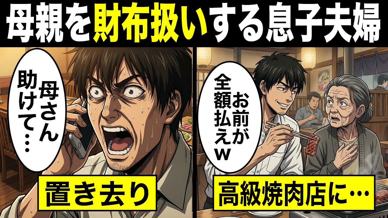 【漫画】60歳の母親を財布扱いする息子夫婦…。「どうせ年金だろ？w」→高級焼肉店に置き去りにした結果www【シニア】【スカッと】【年金】【老後】