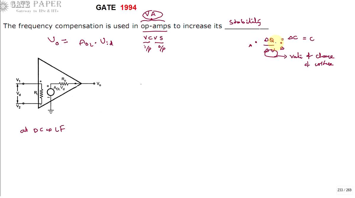 GATE 1994 ECE Frequency Compensation in Operational Amplifers