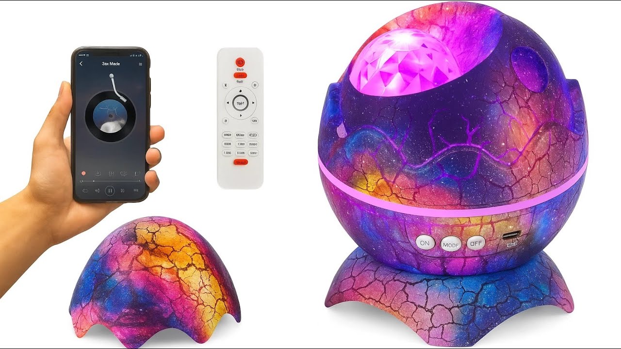 Ночник проектор звёздное небо в форме Яйцо дракона с Bluetooth колонкой Разноцветное