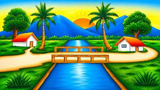 How to Draw Easy Village Scenery Step by Step | Bridge & River Landscape Mountain Drawing
