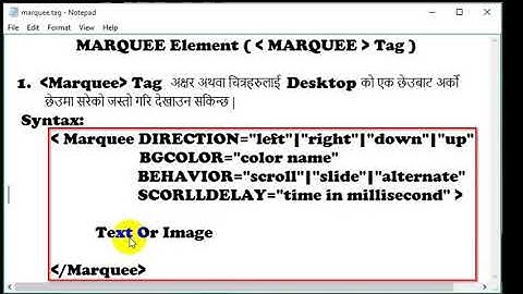 Marquee tag with Example of HTML in Nepali By NP Rijal