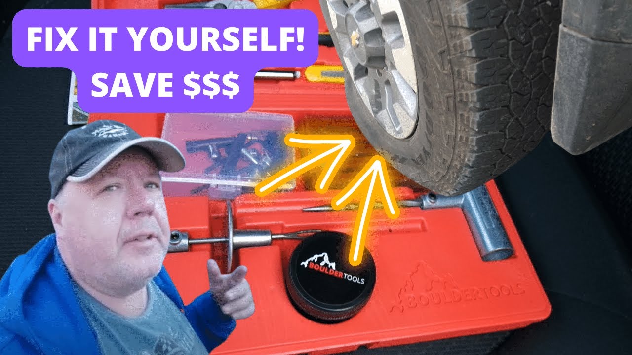 How to plug a flat tire using a tire plug kit YouTube