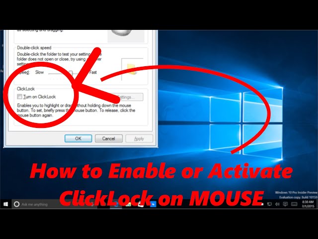 Windows mouse ClickLock disabled vs enabled behavior comparison