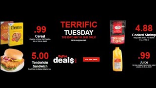 Hy-Vee Terrific Tuesday Cereal, Cooked Shrimp, OJ Apple Juice Tenderloins 05-09-2022 ONLY Stock Prep