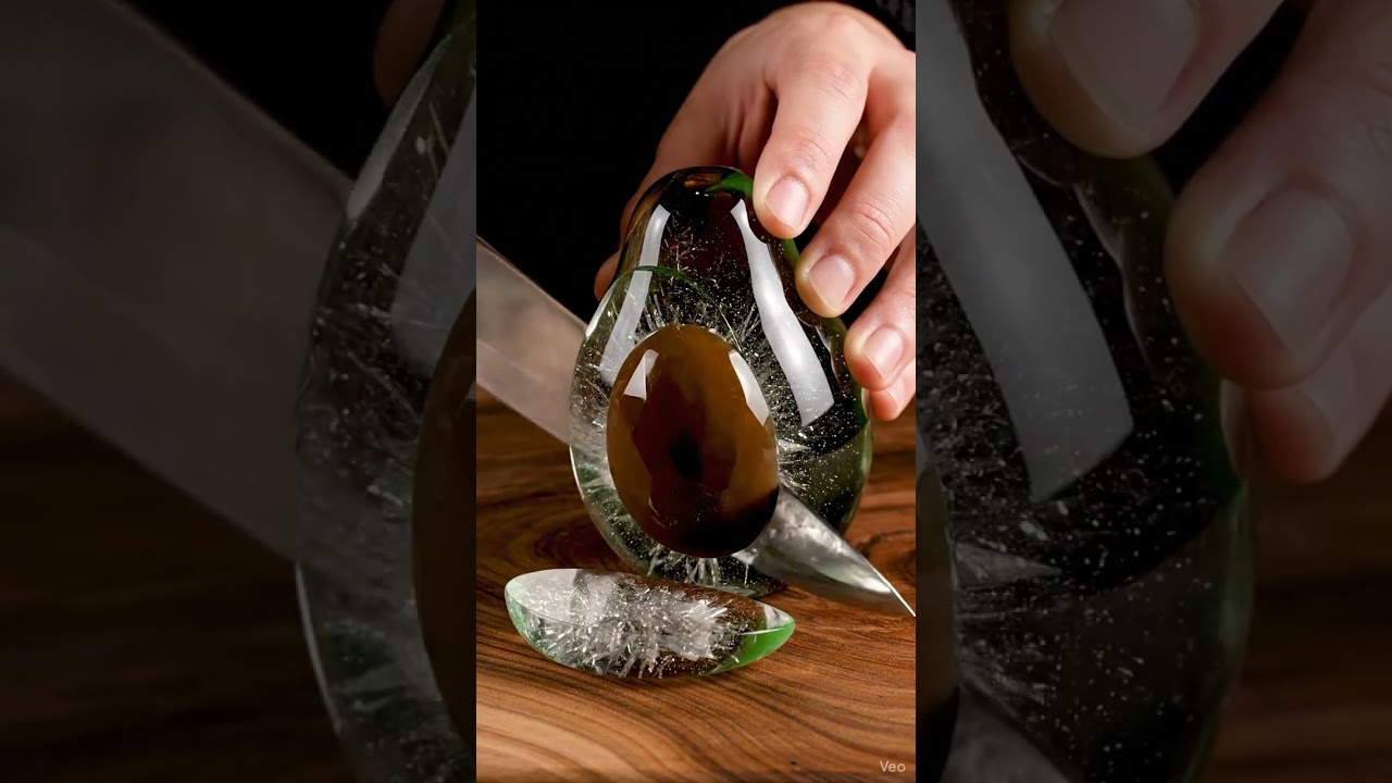 Glass avocado ASMR, smooth slices.