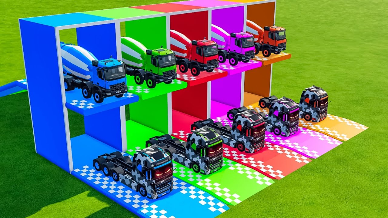 Красочный гараж-контейнер - Грузовик Vlovo с подсвечивающимися глазами, бетоносмеситель.