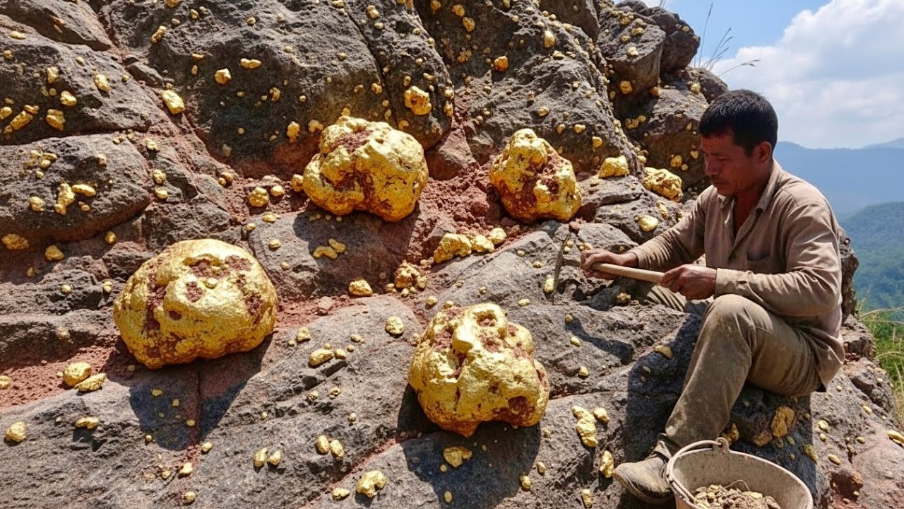 Wow amazing digging the gold nuggets at mountain 