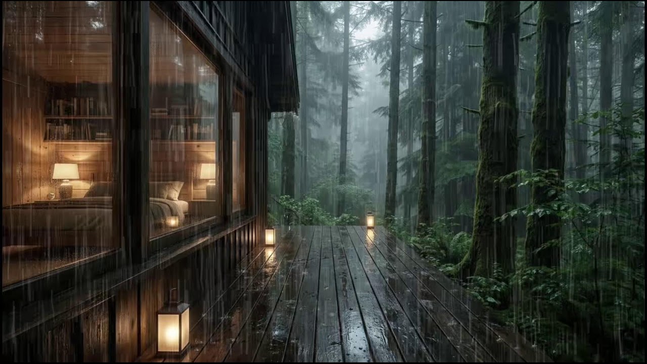 Natural rain at a forest cabin retreat, evening rain ambience promoting sleep balance over insomnia